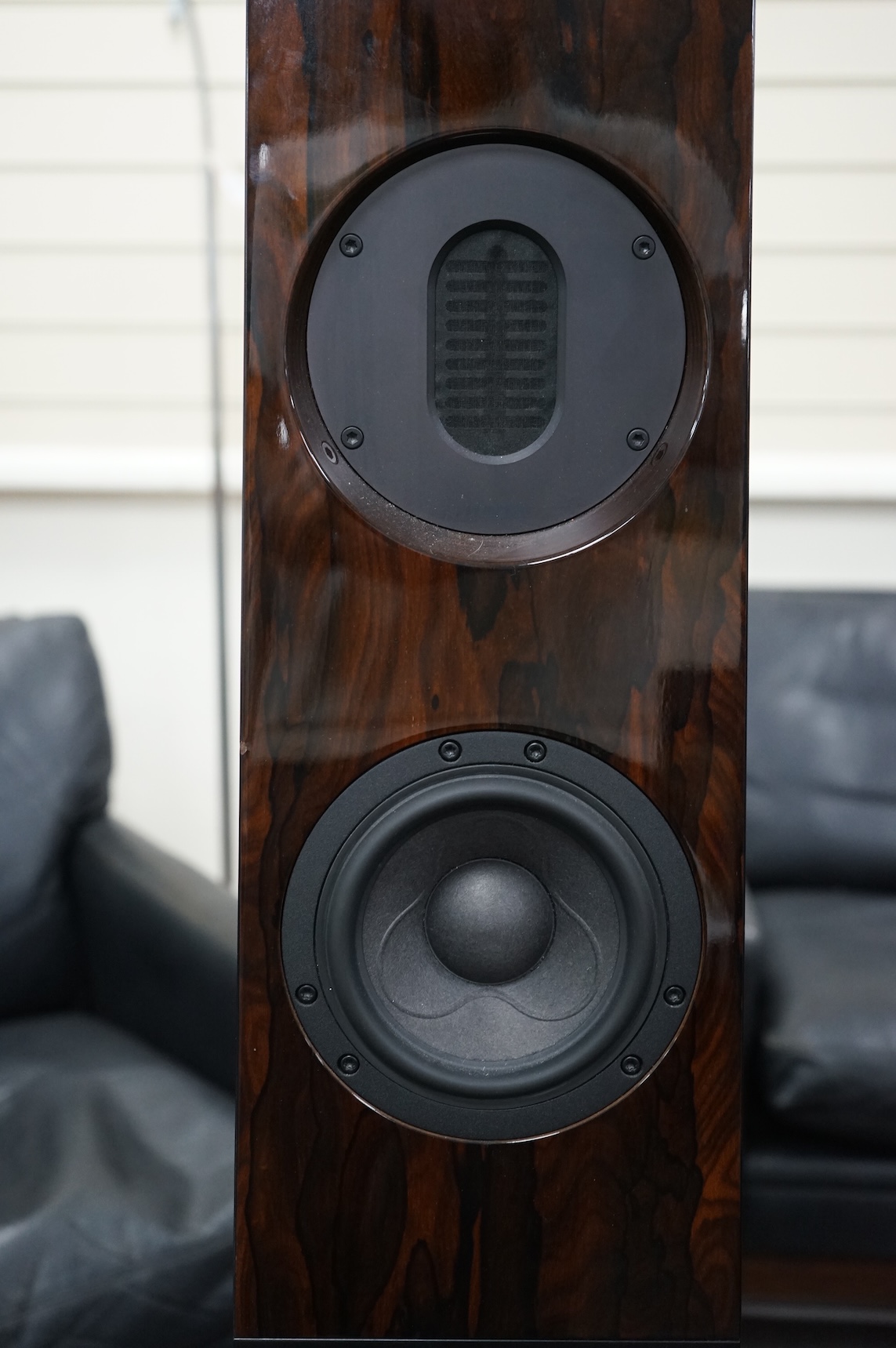 A pair of Kaiser Acoustics Kawero Chiara loudspeakers, made in Germany, high density plywood cabinets and integrated stands, with the fronts in the rosewood finish, 116cm high, the base; 30cm x 47cm, together with two fl